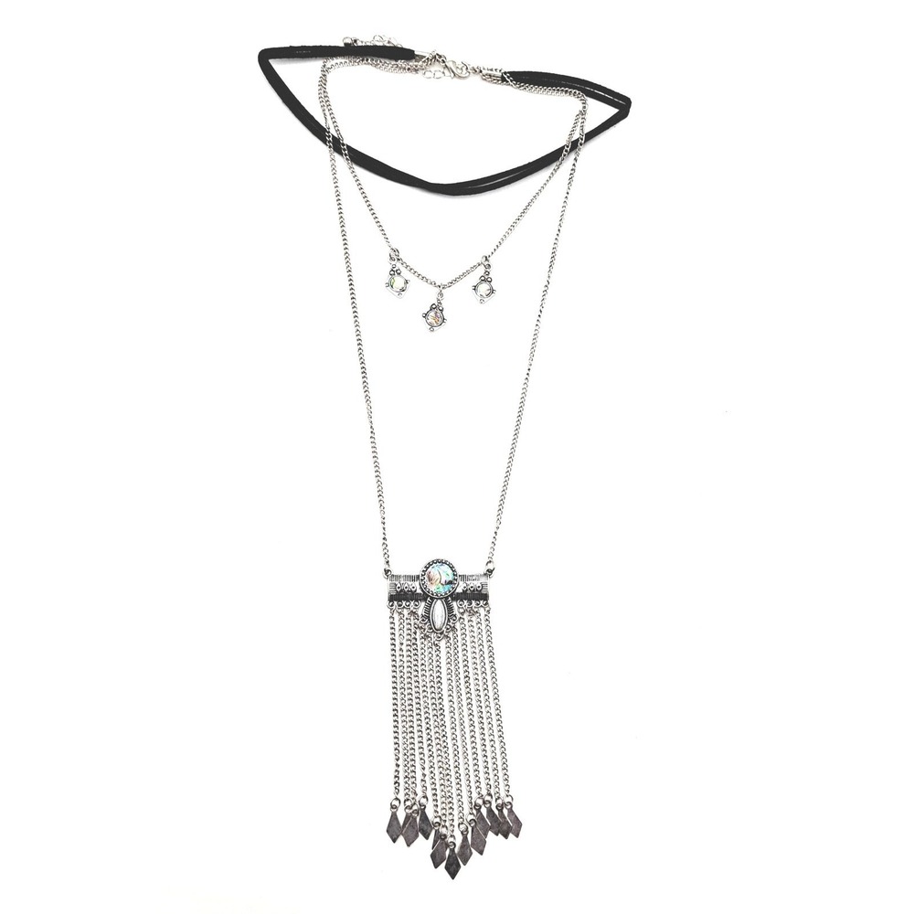 Boho Layered Necklace Set Abalone Accents Fringe Drop Pendant Choker Gothic Vibe